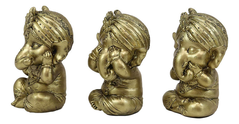 Ebros Set of 3 See Hear Speak No Evil Ganesha with Turban Figurines 4" Tall