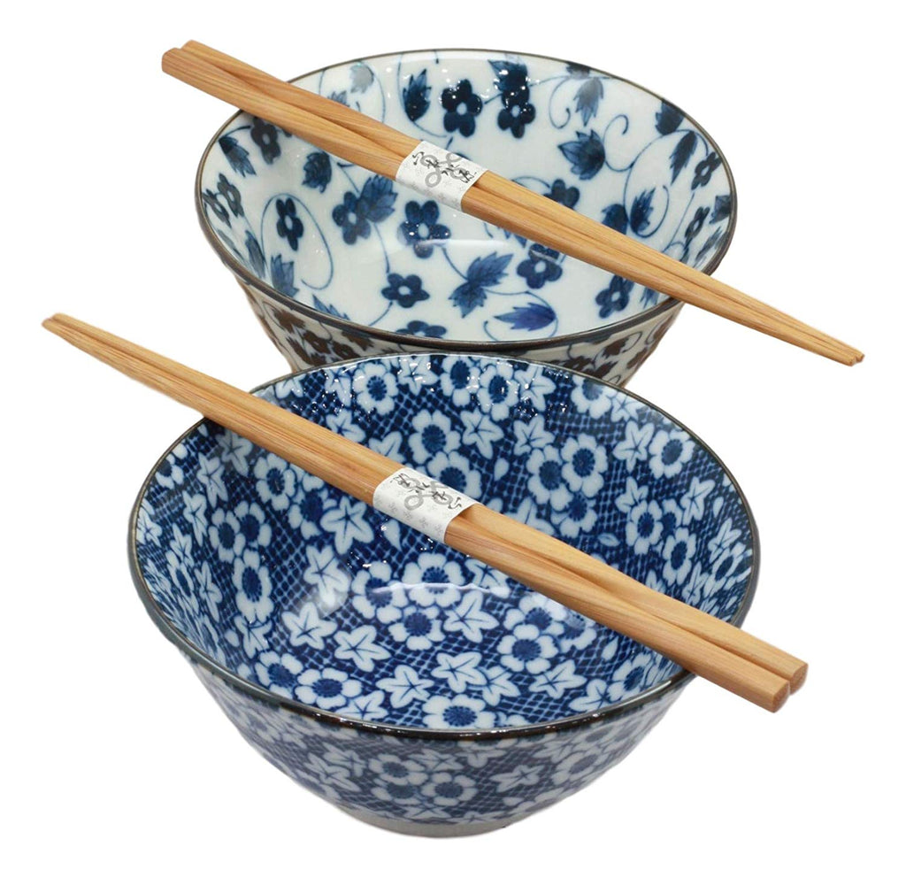 Ebros Japanese Vintage Floral Blue White Design Ceramic Bowl Set of 2 ...