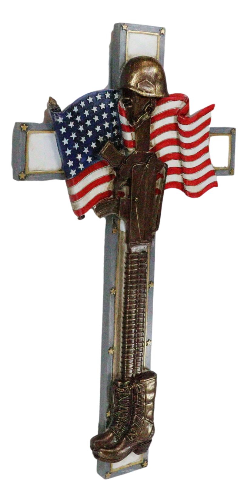 Patriotic USA Flag Fallen Soldier Helmet Rifle and Tactical Boots Wall ...