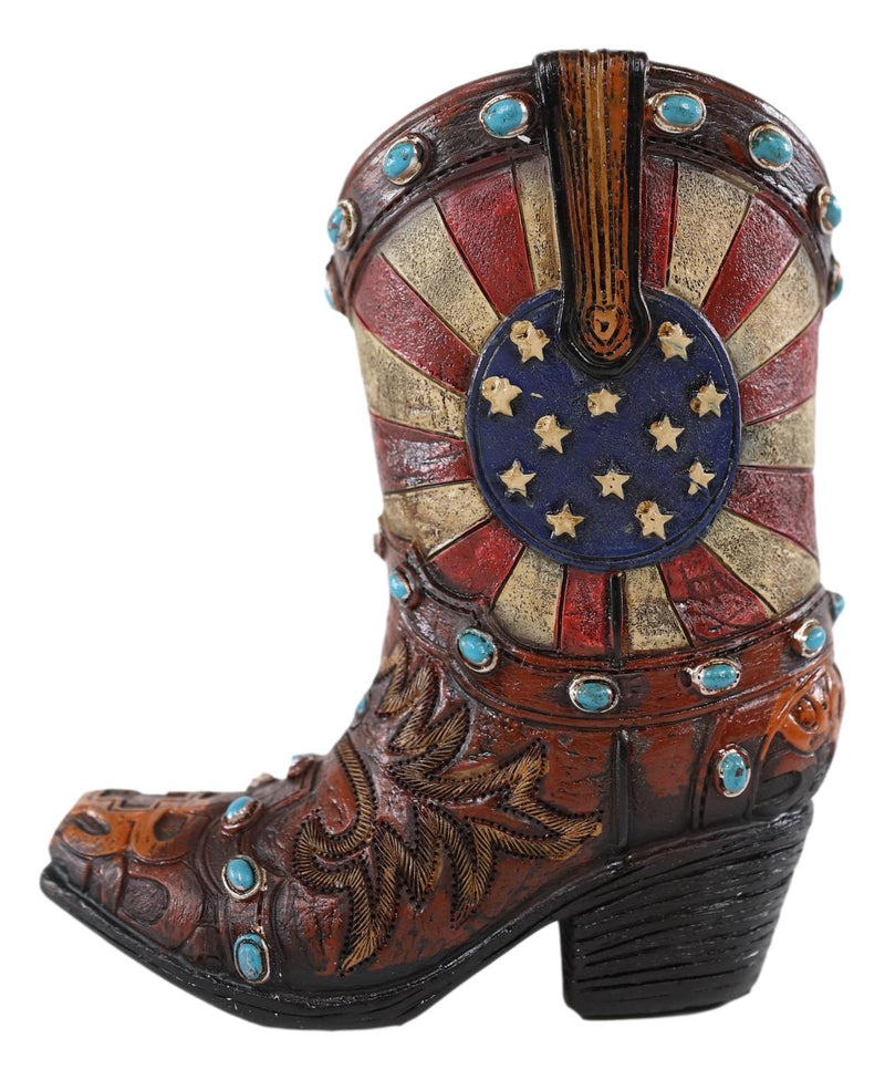 Rustic Western Cowboy American Flag Turquoise Rocks Boot Pen Holder Figurine