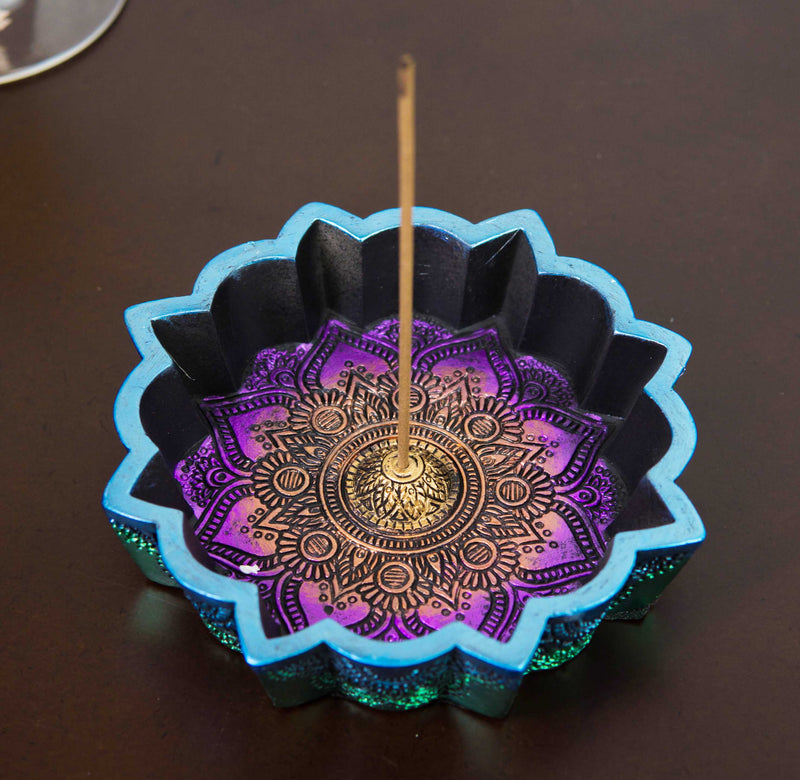 New Age Chakra Buddhist Mandala 8 Spokes Wheel Flower Incense Burner Figurine