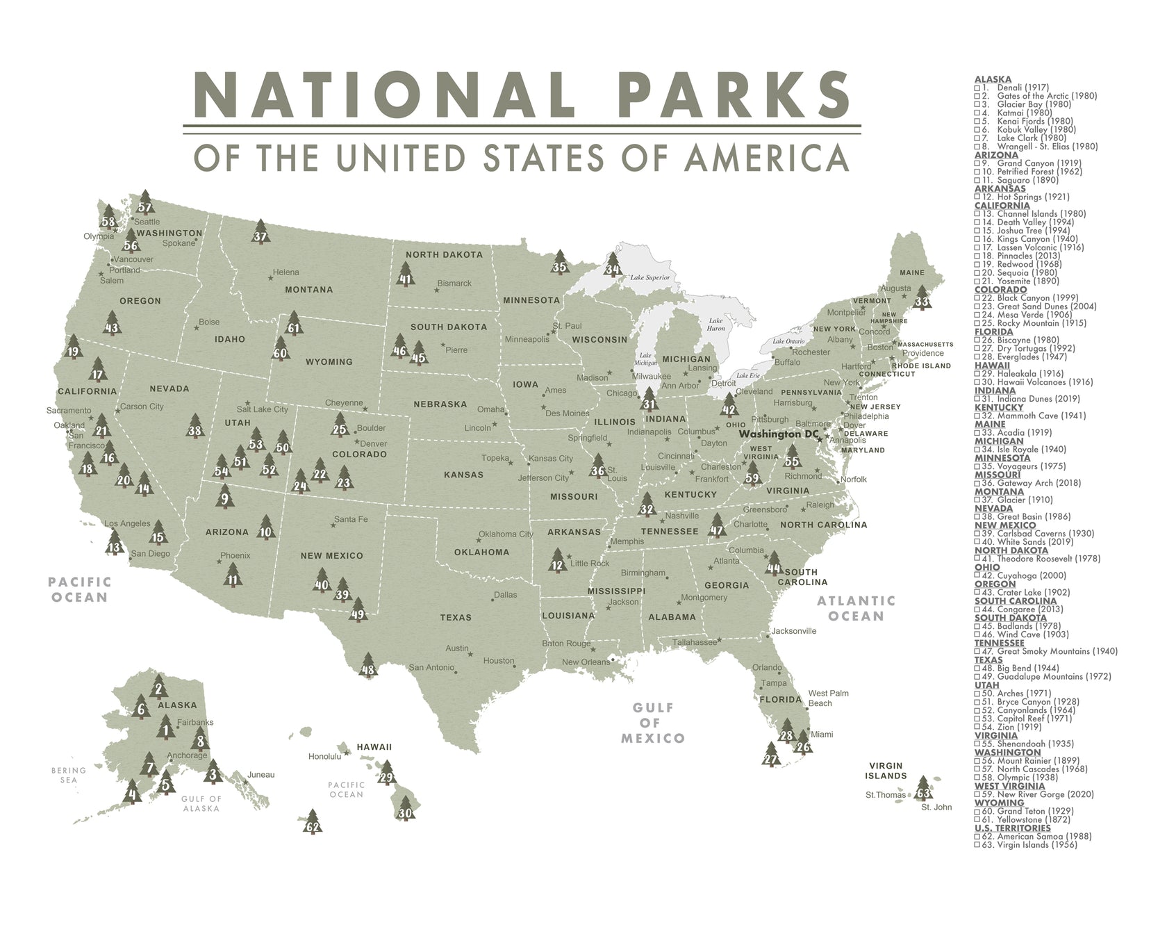 Detailed National Parks Map Of The United States 63 Parks An Adventure Awaits Llc 1657