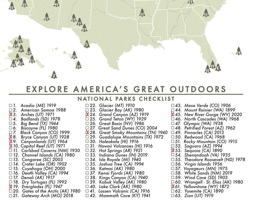 national parks map checklist poster 63 parks an adventure awaits llc