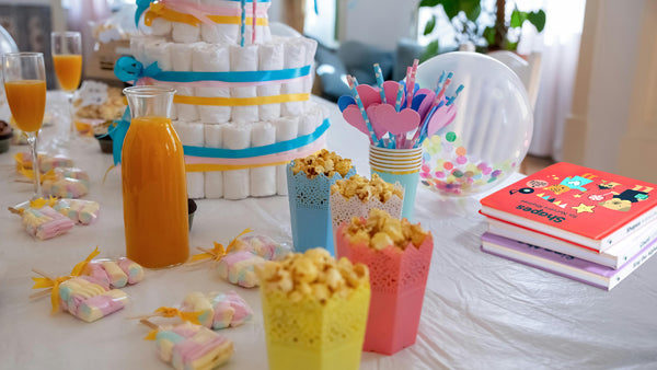 Close up of a party table at a baby shower. Baby shower, baby shower gift, baby gift, gift ideas.