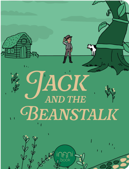 'Illustration for 'Jack and the Beanstalk' with Jack, a cow, a giant beanstalk, and a cottage.'