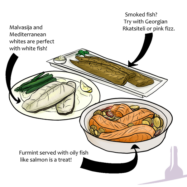 Novel Wines recommendation of wine pairings with Fish. Smoked fish? Try with Georgian Rkatsiteli or pink fizz. Malvasija and Mediterranean whites are perfect with white fish! Furmint served with oily fish like salmon is a treat!