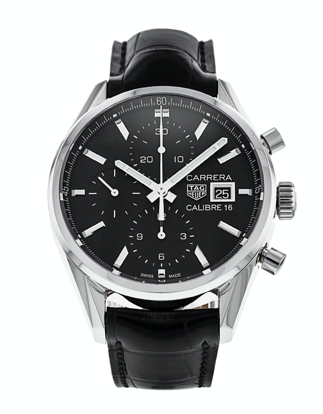 Tag Heuer Carrera Calibre 16 Chronograph Automatic Black Leather Strap -  WatchtimeSA