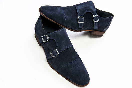 blue suede monk strap shoes
