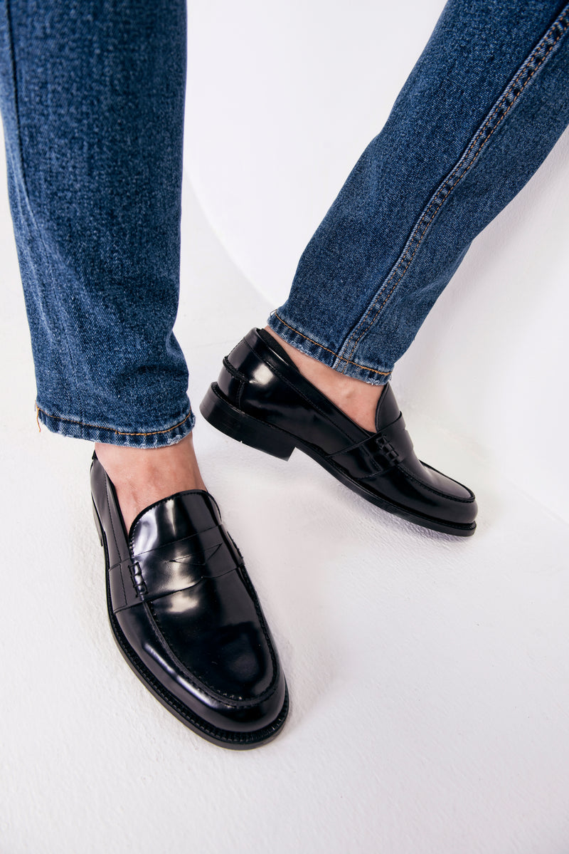 black patent leather penny loafers