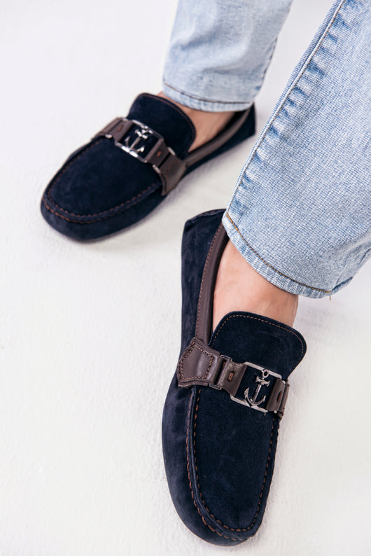 blue suede driving moccasins