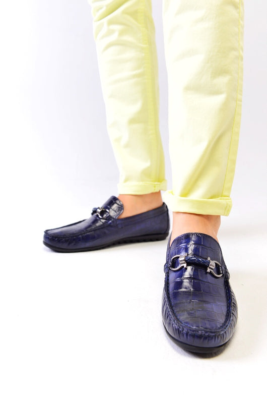 navy blue driving moccasins