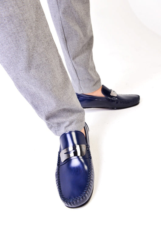 navy blue driving moccasins