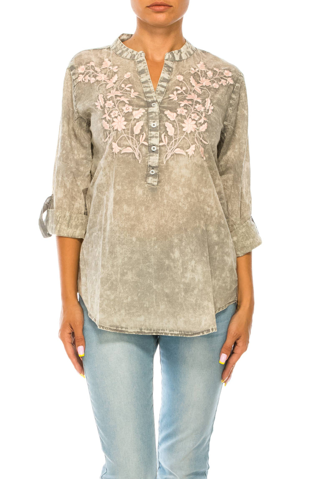 Vintage Gray Floral Tunic with Embroidery