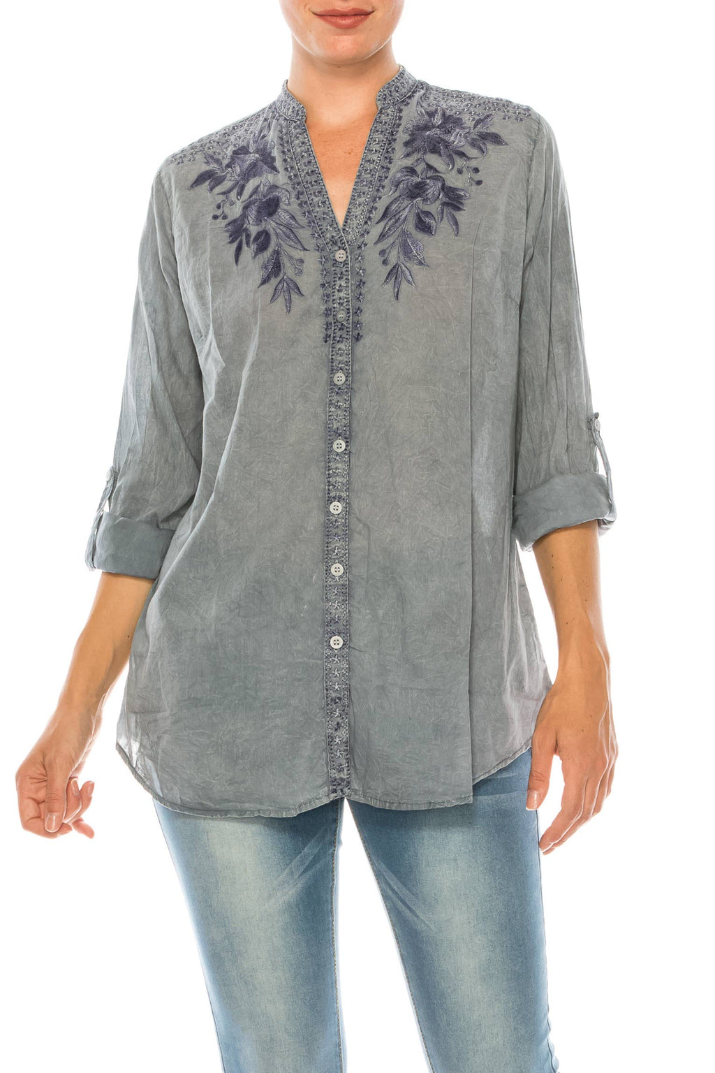 Vintage Gray Floral Tunic with Embroidery