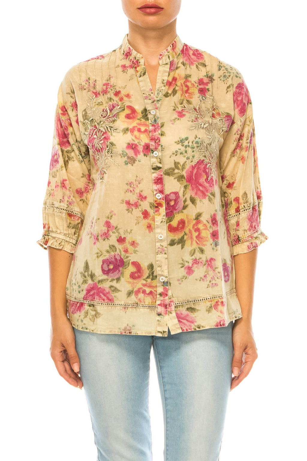 Vintage Gray Floral Tunic with Embroidery