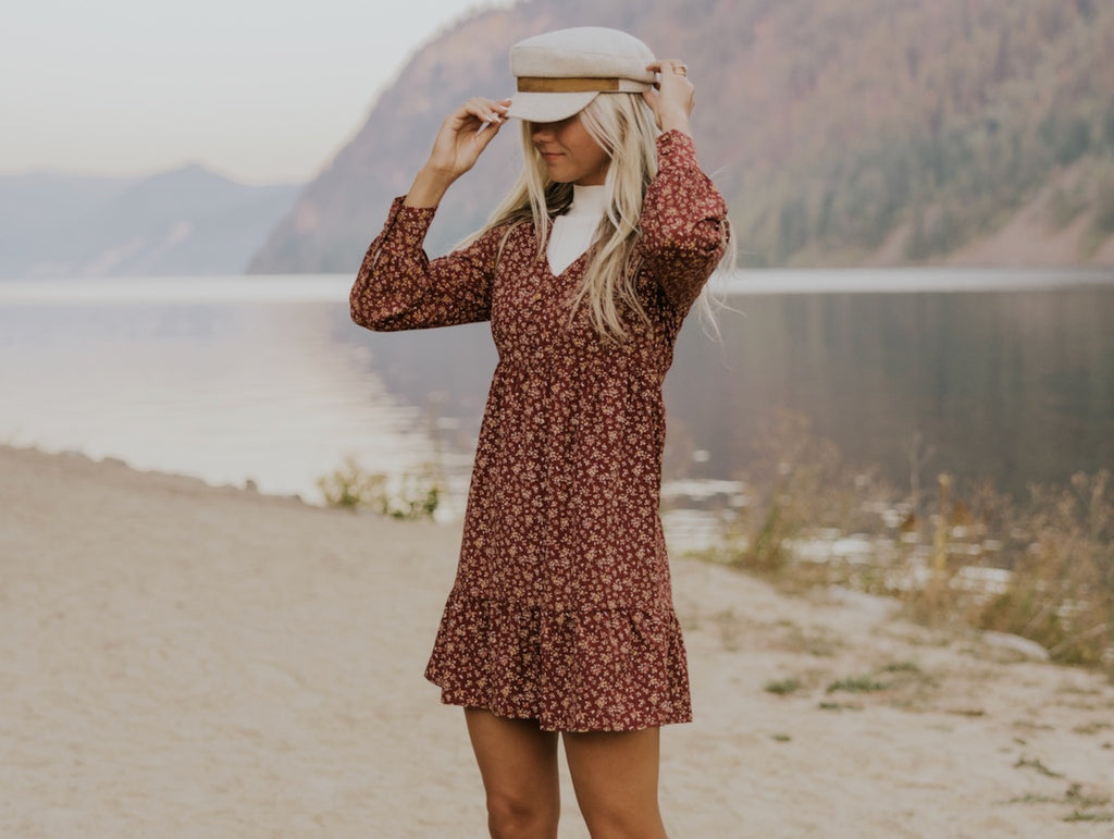 model wearing a floral fall dress