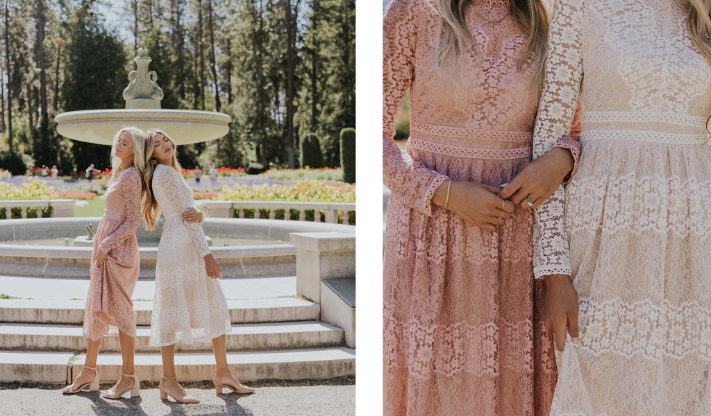 models wearing lace holiday dresses