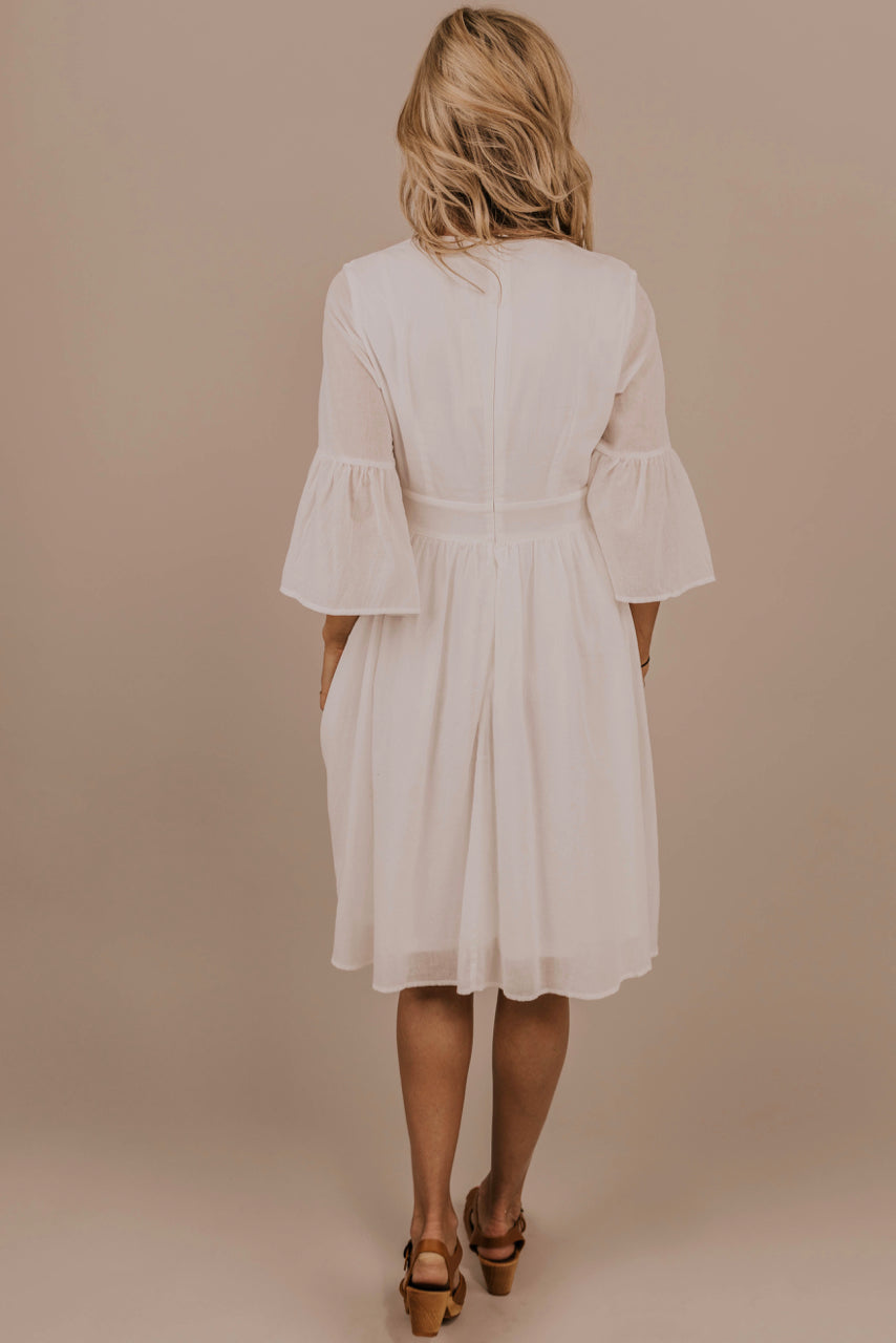 modest white midi dress