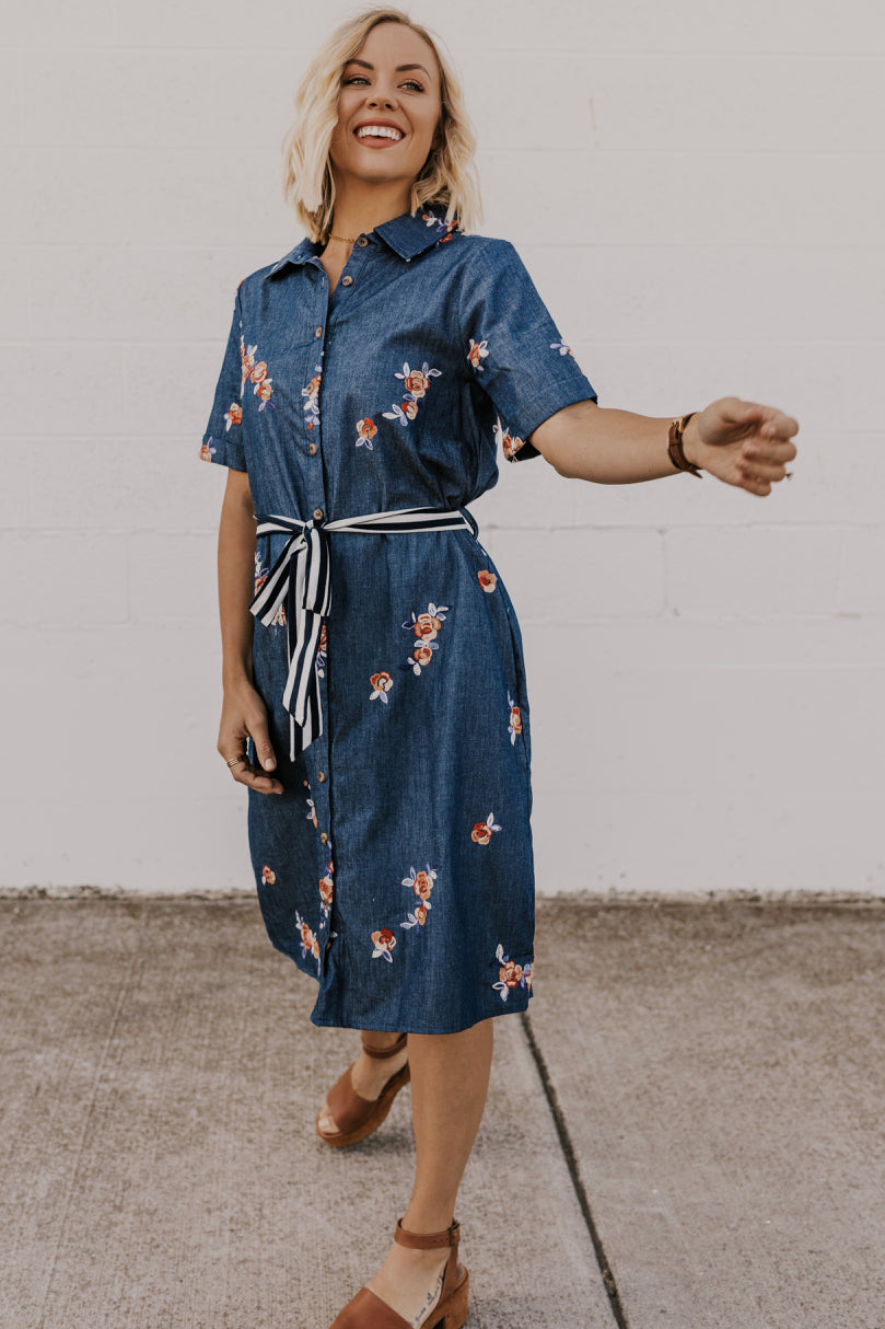 floral embroidered denim overall dress