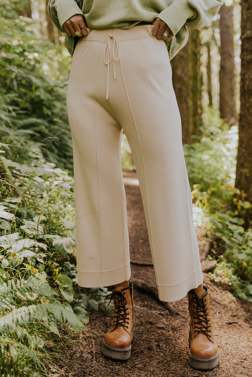 Smooth Structured Knit Pants Cream Wide Leg Joggers Roolee