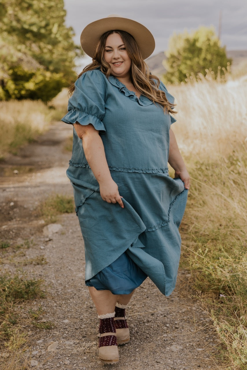 Blue Midi Dresses For Women Ruffle Dresses | ROOLEE
