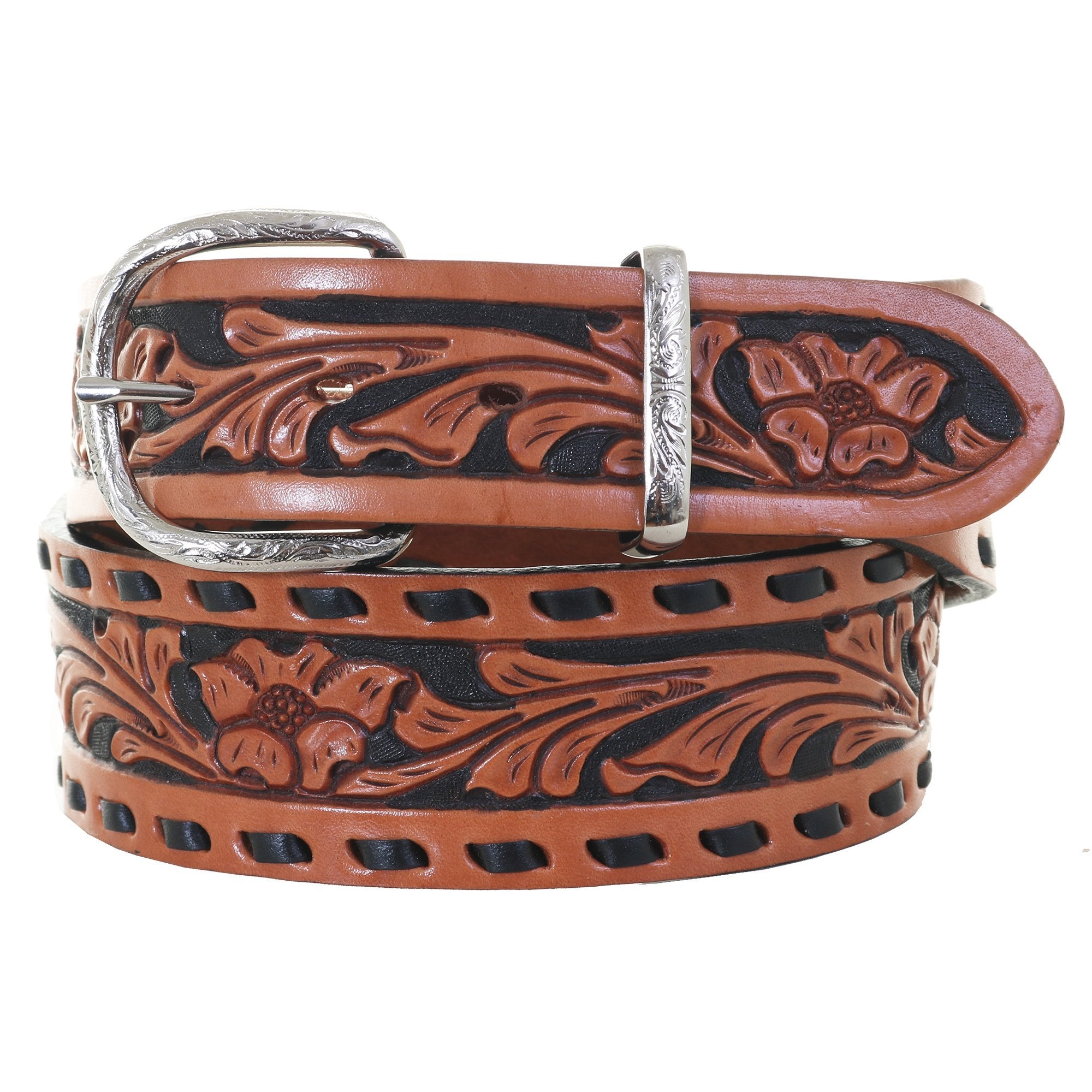 B067 - Floral Tooled Buckstitch Belt – Double J Saddlery