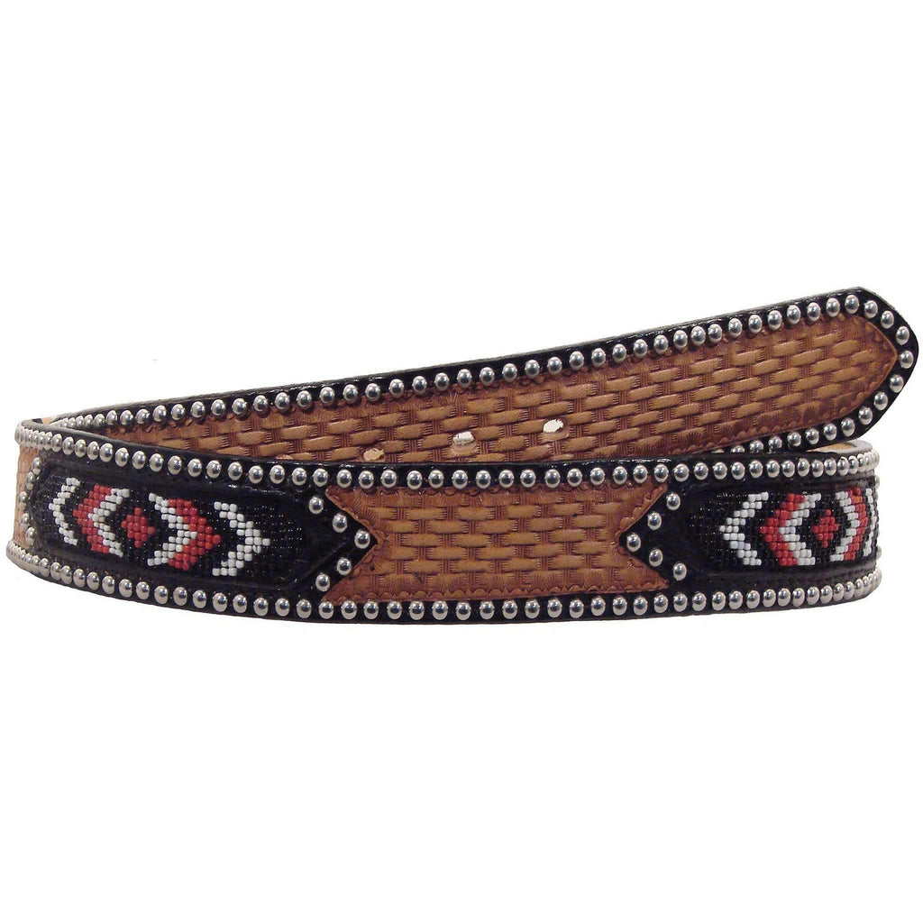 CLEARANCE - Natural Leather Tooled Beaded Belt - B311 - Double J Saddlery