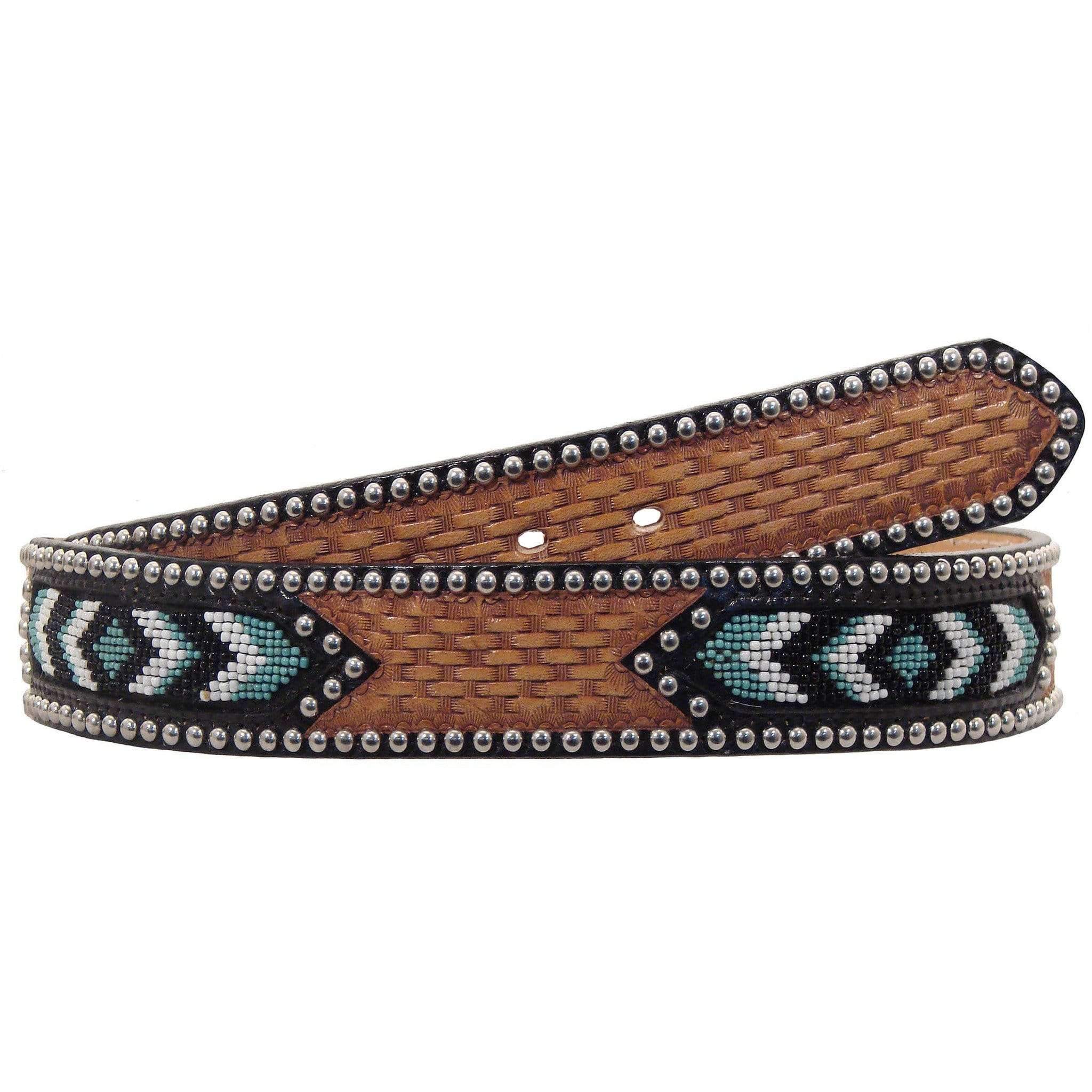 CLEARANCE - Natural Leather Tooled Beaded Belt - B312 - Double J Saddlery