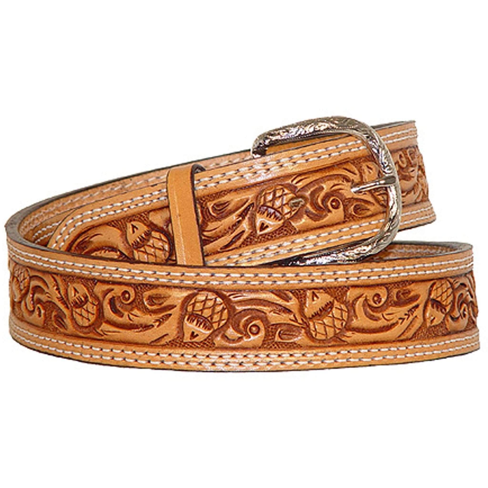 B543 - Natural Leather Acorn Tooled Belt - Double J Saddlery