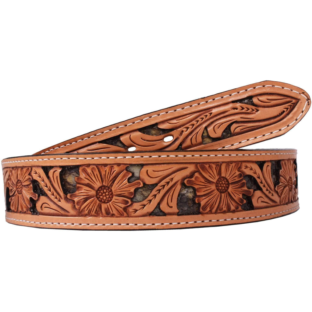 B788A - Floral Tooled Inlayed Belt – Double J Saddlery