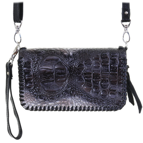 Black Leather Croc With Swarovski Crystal Cross Handbag