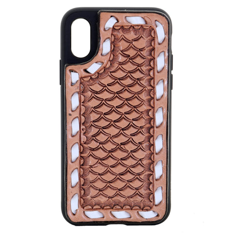 Western Style Hand Tooled Basketweave Leather Phone Case Turquoise