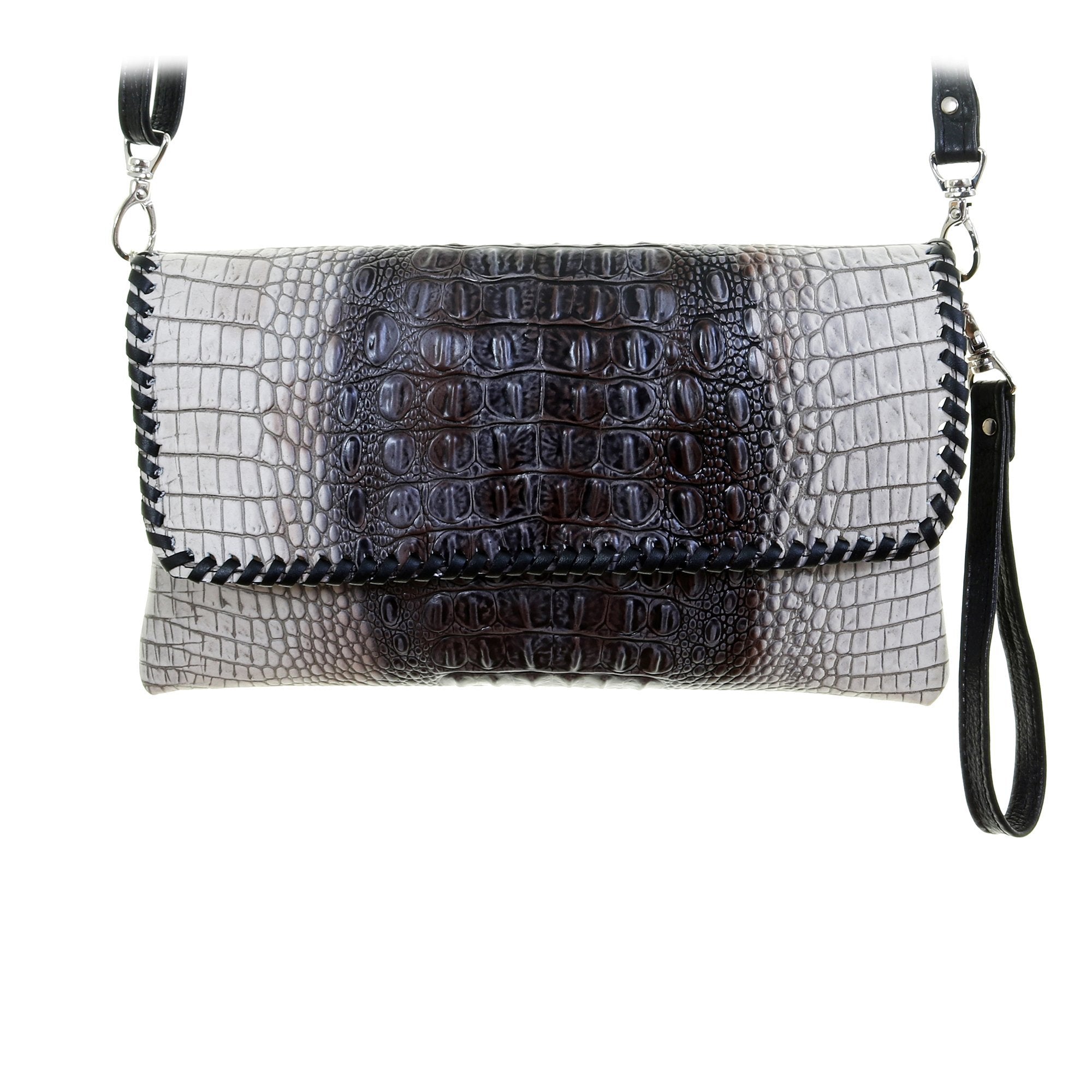 Black Leather Croc With Swarovski Crystal Cross Handbag