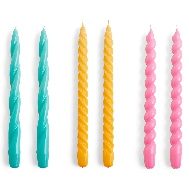 Candle - Long Mix - Green Aqua/Warm Yellow/Dark Pink - set of 6