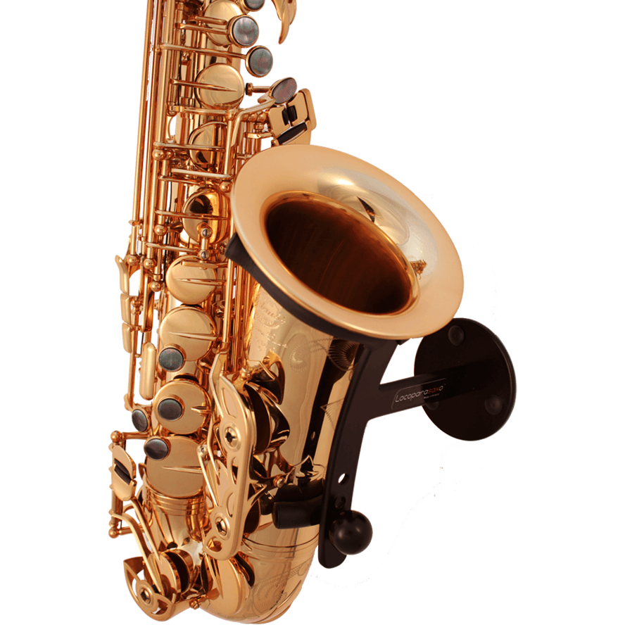gold colored alto saxophone in black wallmount on white product picture Locoparasaxo