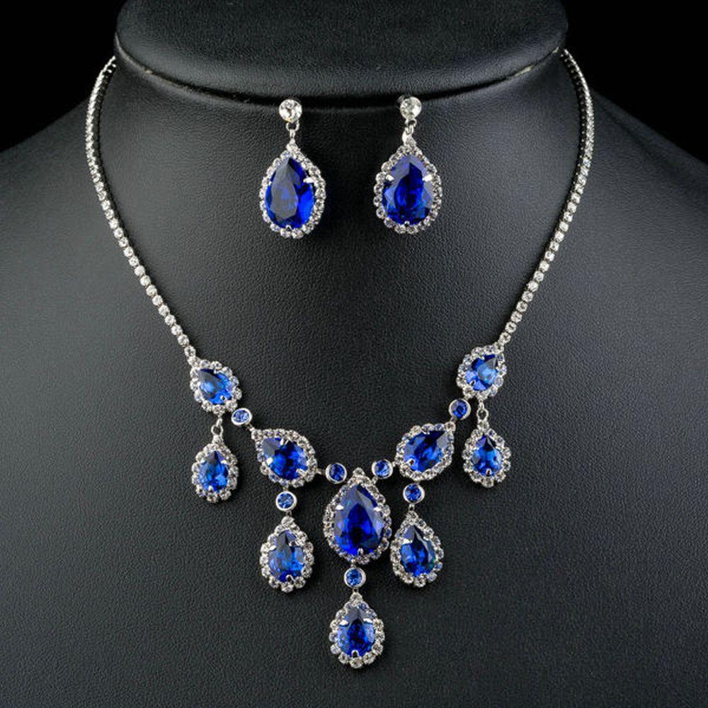 Dark Blue Cubic Zirconia Necklace Earrings Set – KHAISTA