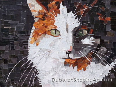 Torn paper art of calico cat