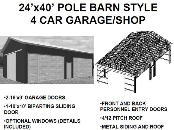 24’x40’ pole barn style 4 car garage/shop – mendon cottage
