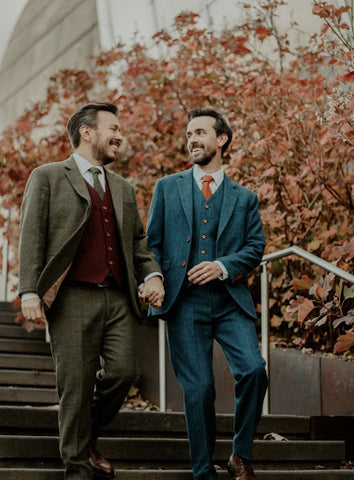 men in green and blue tweed suits
