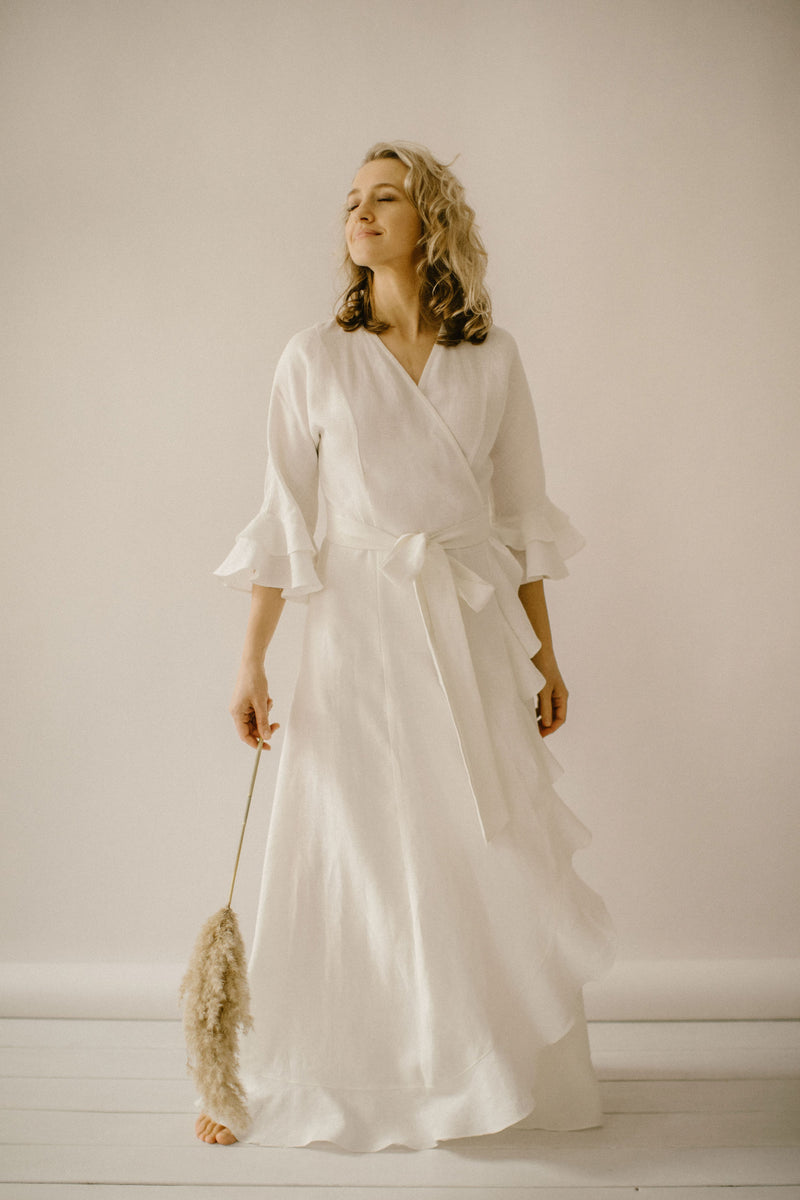 Wrap Around Linen Wedding Dress. Handcrafted. World Wide Shipping.