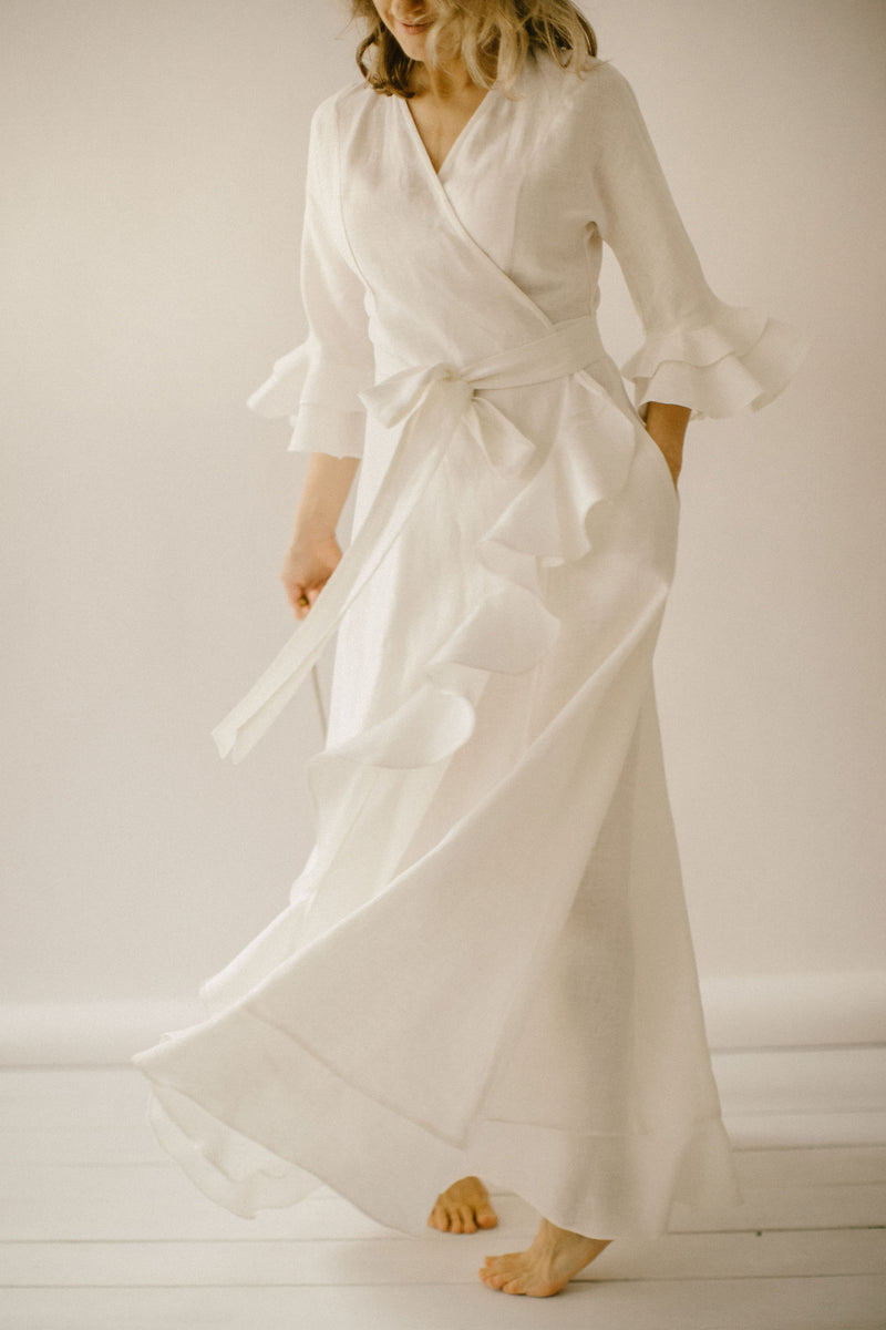 Wrap Around Linen Wedding Dress. Handcrafted. World Wide Shipping.