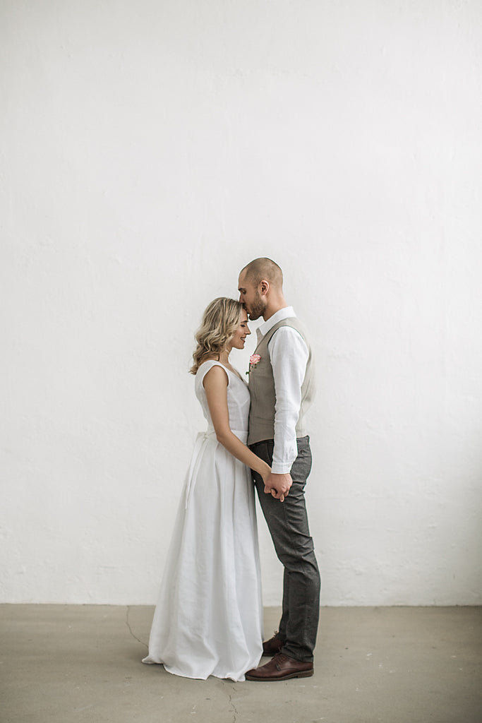 white linen wedding dress beach