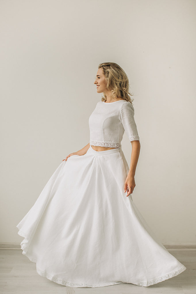 Linen Crop Top Wedding Dress Handcrafted By Cozyblue