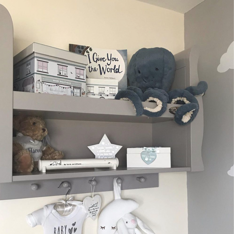 Babyblooms perfectly personalised Bertie Bear and packaging on the nursery shelf