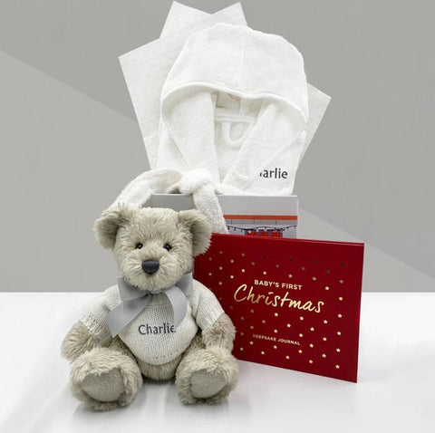 personalised berkeley bear with grey bathrobe for baby's first christmas