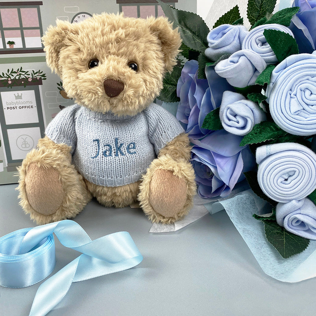 Luxury Rose Baby Clothes Bouquet and Personalised Teddy Bear, Blue - Babyblooms product image