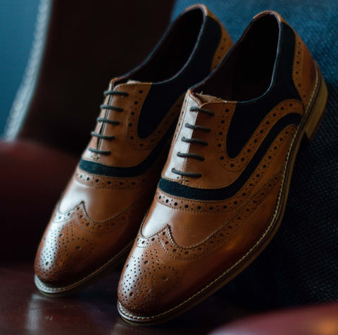 Shelby shoe from London Brogue with blue suede panels on vamp and uppers