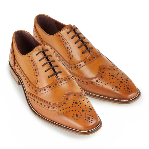 A Pair of tan Sidney oxford brogues with chocolate brown laces and full brogue decorations with wing tips 