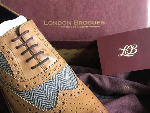 Gatsby leather brogue mens shoe in tan with herringbone tweed