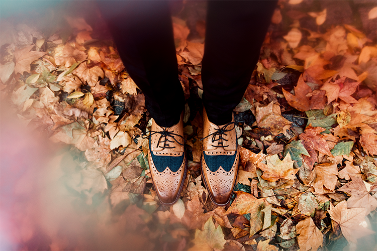 a view of some mens legs from the perspective of the man looking down at his brogue shoes stood in a pile of autumn leaves